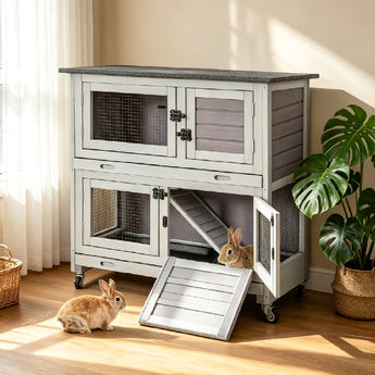 2-Story Indoor/Outdoor Rabbit Hutch with Leakproof Trays and Mobility Wheels for Rabbit