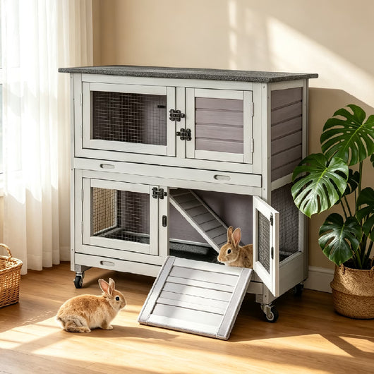 2-Story Indoor/Outdoor Rabbit Hutch with Leakproof Trays and Mobility Wheels for Rabbit