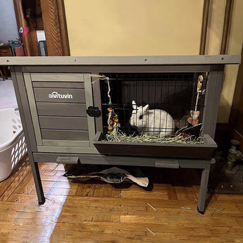 Indoor Rabbit Hutch and Outdoor Wooden Bunny Cage with Enhanced Leakproof Tray - for Rabbit ( Dark Grey )