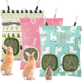 Pack of 3 washable Hanging Hay feeder Bags for Rabbits (Blue - Pink -White)