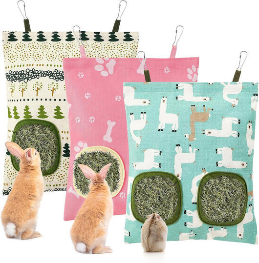 Pack of 3 washable Hanging Hay feeder Bags for Rabbits (Blue - Pink -White)