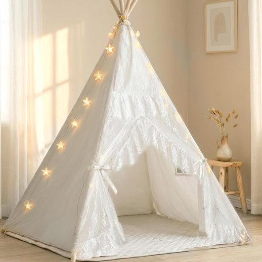 Premium Cotton Canvas Teepee Tent Rabbit with Star Lights, Mat, and Carry Bag 